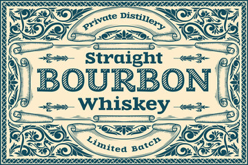 Bourbon Whiskey - ornate vintage monochrome decorative label