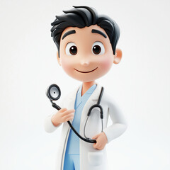 Fototapeta premium a 3D Asian cartoon-style doctor or nurse in various professional medical poses, The character is dressed in a white coat and medical scrubs in the hospital environment