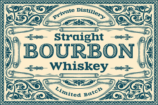Bourbon Whiskey - ornate vintage monochrome decorative label