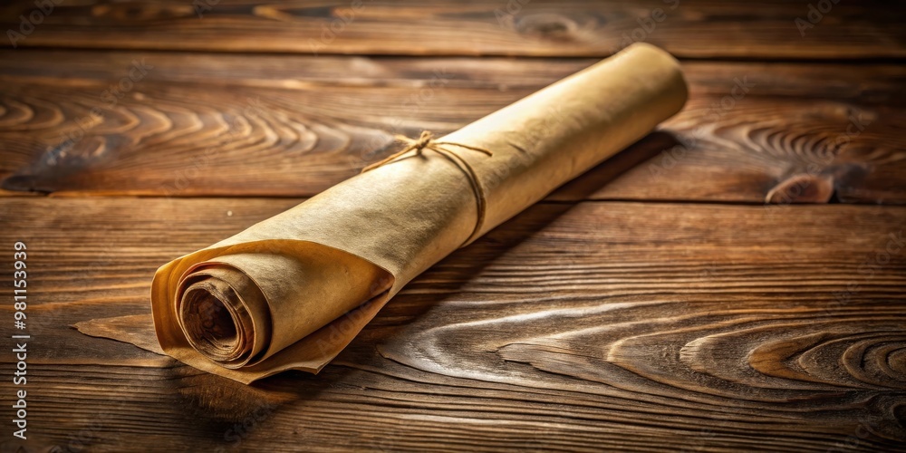 Poster a still life image of a roll of parchment on a wooden table