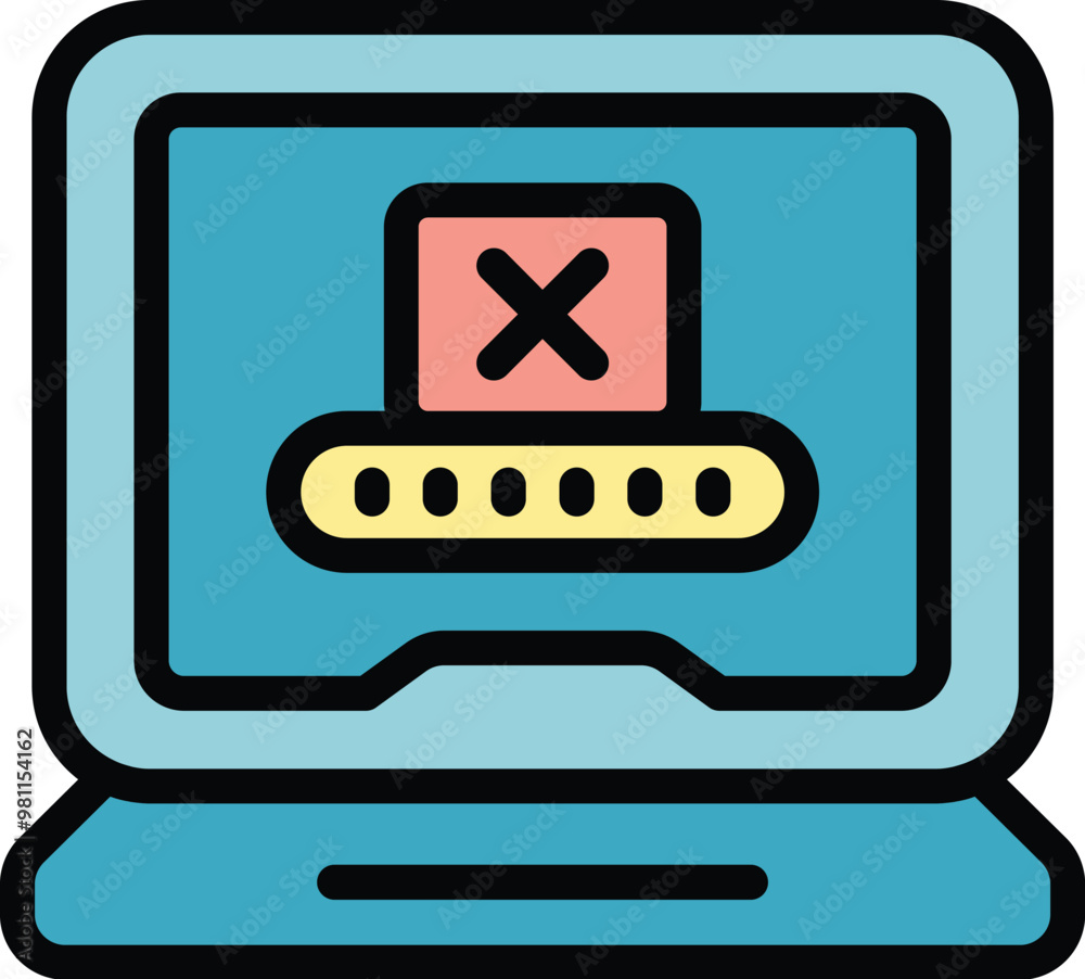 Poster colorful icon of a laptop showing a wrong password notification with a cross mark, evoking a failed 