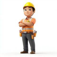 a 3D Asian cartoon-style safety officer engineer in various professional working poses on a construction site. The character wears a high-visibility safety vest, helmet, and gloves.