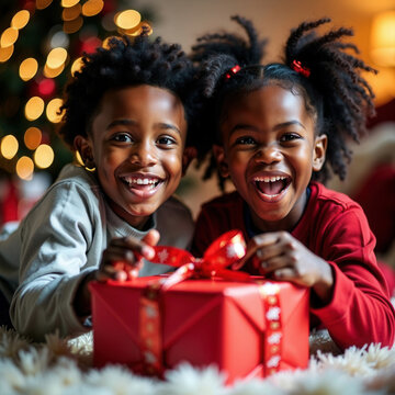 Portrait of two young African American children unwrapping a Christmas gift against a Christmas background. They are laughing and smiling and extremely happy and excited.