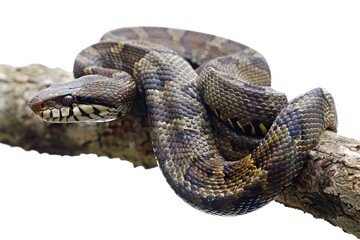 Fototapeta premium A close-up view of a snake resting on a branch, highlighting its texture and pattern