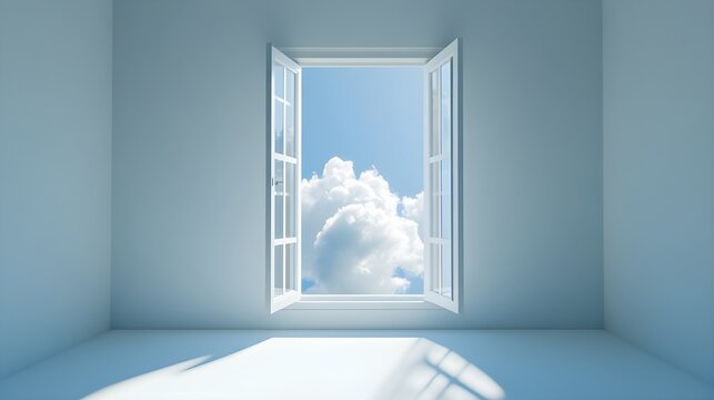 An open window frames a bright blue sky with fluffy white clouds, filling the minimalist room with natural light.
