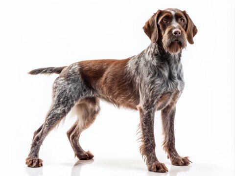 Strongly built German wirehaired pointer dog stands proudly against a crisp white background, showcasing its distinctive beard and wiry coat in perfect focus.