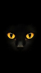 A close-up shot of a black cat's face, its piercing yellow eyes staring intently from the darkness.