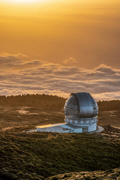 Gran Telescopio Canarias (GranTeCan, GTC). Island of La Palma. Sunset over the dome of the Astronomical Observatory