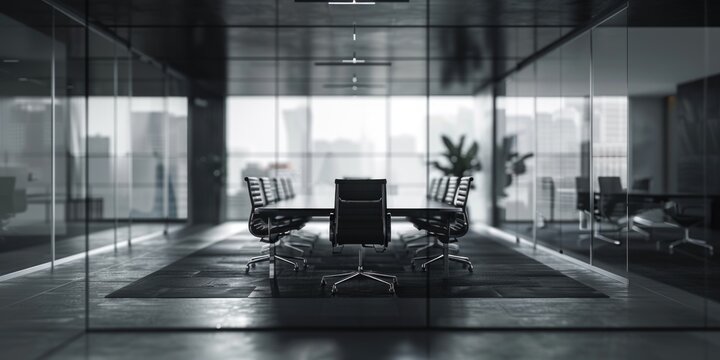 A modern conference room with a table and chairs, ideal for meetings and presentations