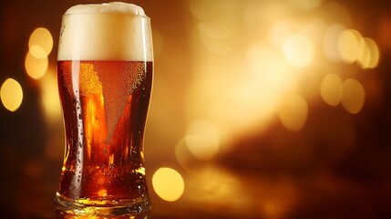 Pouring beer into a glass with a foamy head against a warm, glowing background, ideal for beer ads, pub menus, and beverage promotions.