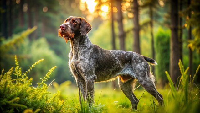 Majestic German Wirehaired Pointer stands regally amidst lush greenery, its rugged coat glistening in warm light, showcasing its powerful build and noble demeanor.