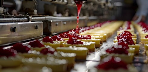 Butter cookies being filled with red jam in the machine at the factory