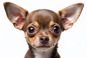 Obraz premium Adorable brown Chihuahua puppy with big eyes and floppy ears, isolated on a transparent background, showcasing its sweet facial expression and tiny features.