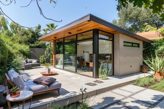 Minimal cozy backyard accessory dwelling unit, modern landscaping, stylish and inviting, clean and contemporary design