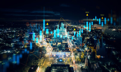 Trade technology, and investment analysis.Big data chart on city backdrop.Business development, financial plan and strategy.Analysis finance graph and market chart investment.