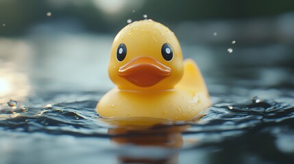 a yellow rubber duck floating in a river