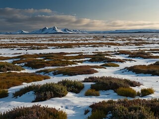 Arctic tundra with snow patches and resilient low-lying shrubs.