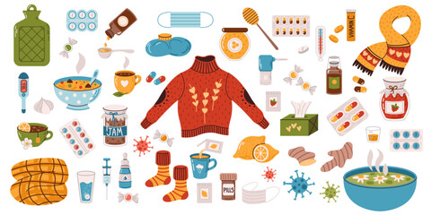 A set of remedies for the cold season, isolated on a white background. Flu and colds, treatment at home. Vector. Flat style