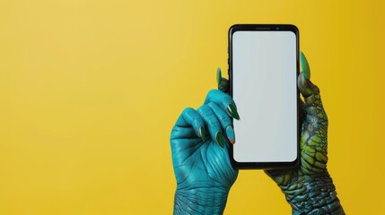 A person wearing green gloves holds up a cell phone, ready to take a photo or make a call