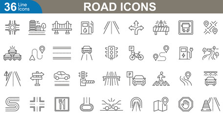 Road outline icons set. Traffic, highway, direction, arrows, GPS, stop, parking, vehicle, bus, lights and more. vector illustrator.