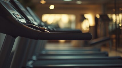 An empty treadmill in a softly lit fitness gym with blurred background focusing on the machine's sleek surface