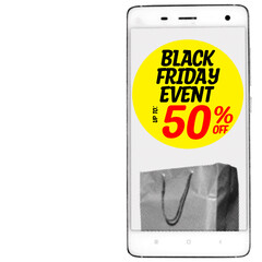 Word text black friday event up to 50% off written on yellow circle with grayscale halftone paper bag on screen of smartphone. banner. copy space.