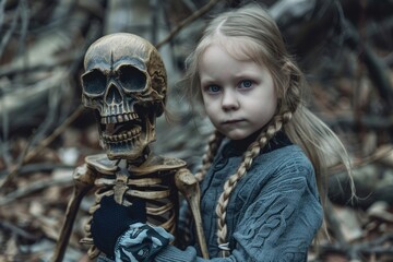 Fototapeta premium A young girl holds a skeleton in a dark and misty forest, perfect for Halloween or horror-themed illustrations