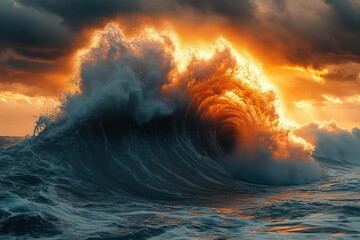 massive ocean wave curling dramatically turbulent sea during storm spray catching sunlight moody sky backdrop