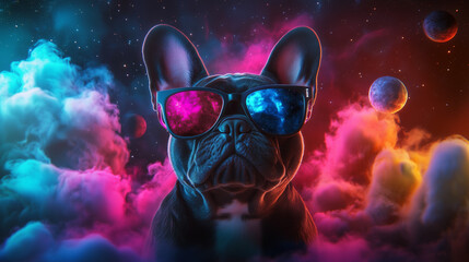 an astronaut french bulldog with sunglasses in space