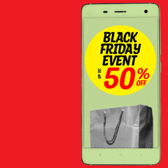 Word text black friday event up to 50% off written on yellow circle with grayscale halftone paper bag on screen of smartphone isolated on red background