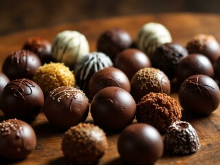 Assorted gourmet chocolate truffles on a wooden surface.