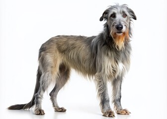 Majestic Irish wolfhound stands upright against a pristine white background, showcasing its striking gray coat, athletic build, and noble expression with piercing brown eyes.