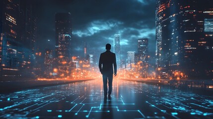 Futuristic Digital Cityscape at Night with Illuminated Skyscrapers and Infrastructure