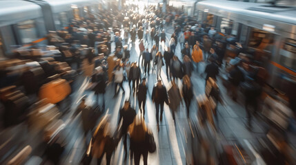Obraz premium Crowd of people at a train station, with blurred motion of commuters