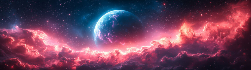 A cinematic abstract space fantasy featuring a vibrant planet surrounded by glowing nebula clouds and twinkling stars, creating a deep cosmic atmosphere.