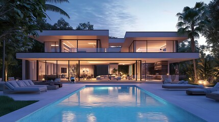 Fototapeta premium Modern villa with a pool at dusk, showcasing elegant architecture and outdoor living spaces.