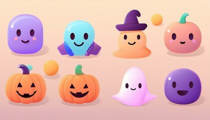 Fototapeta premium Cute Halloween Characters an adorable icon set featuring Halloween-themed characters such as a smiling ghost, friendly vampire, cheerful witch, happy jack-o'-lantern, and a cute little mummy. 