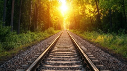 Fototapeta premium A long, straight railway track with gravel between the rails, stretching through a dense forest, with sunlight filtering through the trees, representing peaceful solitude.