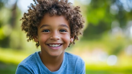 A young boy with curly hair is smiling and looking at the camera