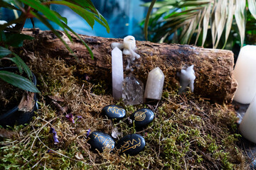 Gemstones minerals stones in the shape of obelisks with Reiki rune stones. Witchcraft, herbal medicine and healing, Magic healing Rock for Reiki Crystal Ritual, Witchcraft, spiritual esoteric practice