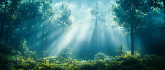 A soft, misty forest with gentle sun rays filtering through the trees, creating an ethereal, dream-like atmosphere.