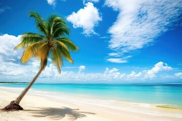 Fototapeta premium Scenic coral beach with palm tree summer sky shoreline.