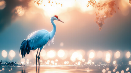 Fototapeta premium An original close-up portrait of a majestic crane, standing elegantly by a calm riverbank, with soft water reflections and gentle light in the background.