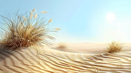 Serene desert landscape with sand dunes, circular ripples, realistic illustration, clear blue sky, soft lighting, tranquil atmosphere