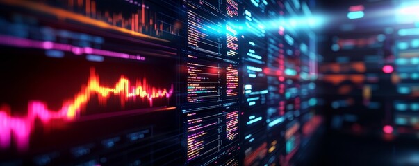 Obraz premium Vibrant data visualization with colorful graphs, charts, and digital screens representing complex information analysis. illustration