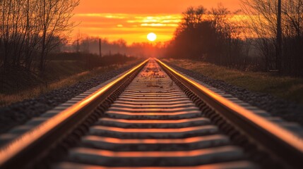 Fototapeta premium A long stretch of railway tracks disappearing into the horizon at sunset, with warm orange hues reflecting off the rails, symbolizing travel, adventure, and endless possibilities.