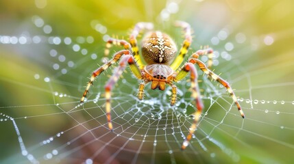 Spider weaving a web with dew drops, hyperrealistic, morning light, detailed and natural, realistic textures, serene and delicate