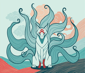 Fototapeta premium vector abstract illustration of japanese fantasy creature nine tailed fox kitsune 