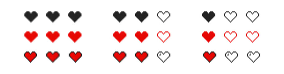 Health bar in retro game style. Pixel nubes heart icon set. Vintage isolated vector © M-KOS