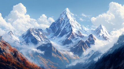 A breathtaking mountain landscape with snow-capped peaks and a serene sky.